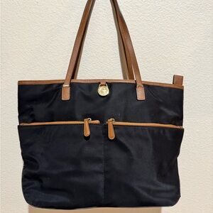 Michael Kors Black Nylon Brown Leather Trim Tote Handbag Purse